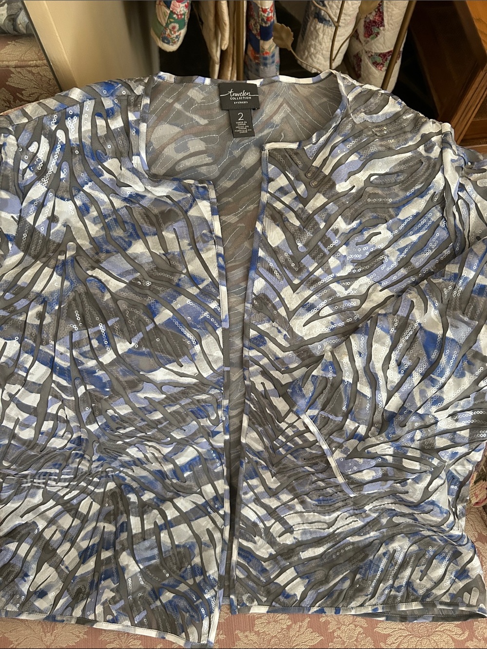 Traveler Collection Open Front Sequin Cardigan — Gray & Blue Print